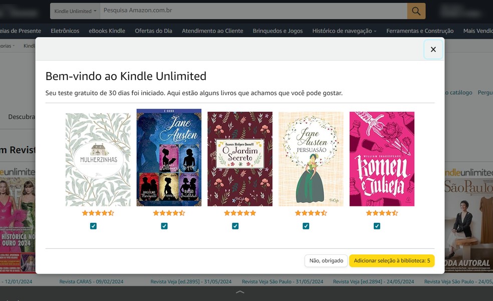 Confirmação de assinatura do Kindle Unlimited no site da Amazon — Foto: Reprodução/Rodrigo Fernandes