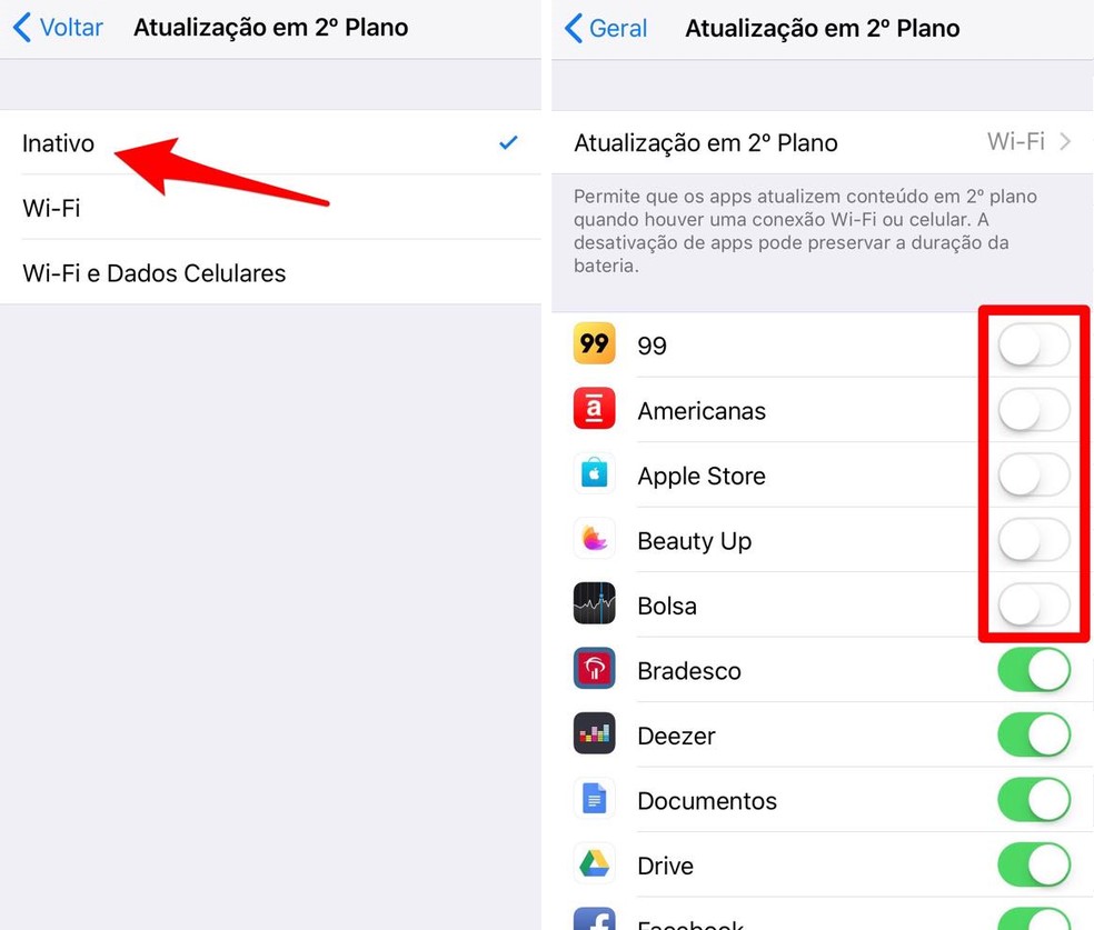 Tela para desabilitar atualização em segundo plano de aplicativos — Foto: Reprodução/Lucas Mendes