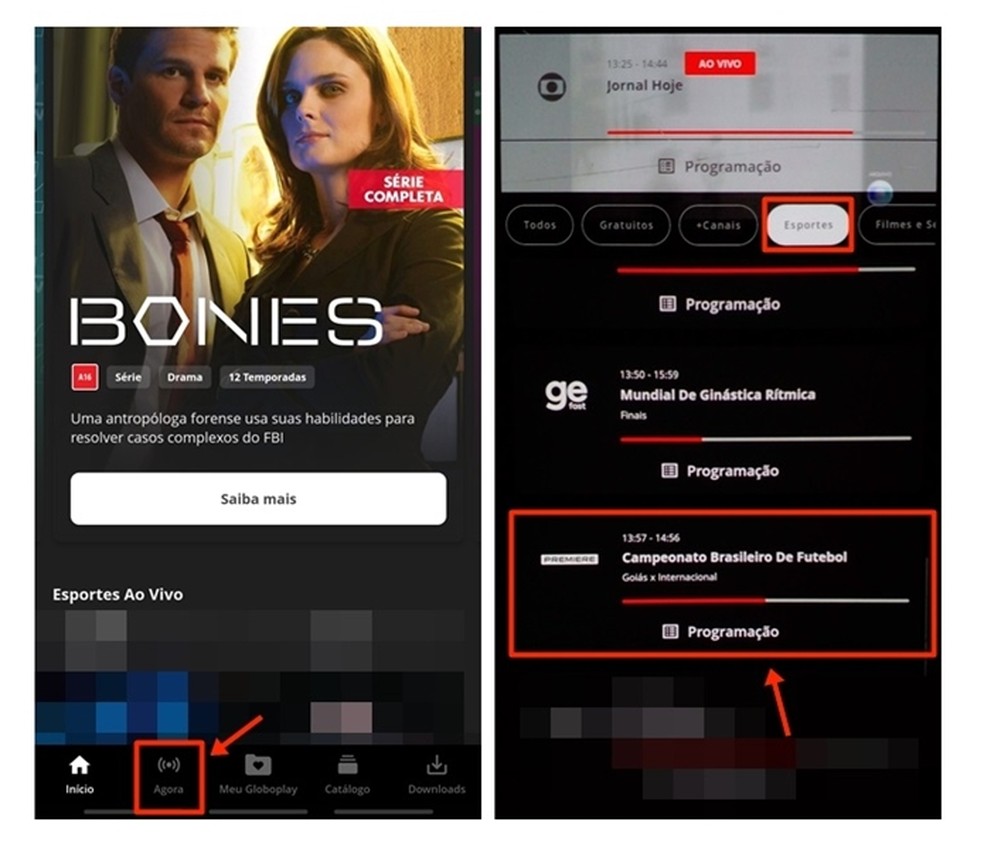 No menu "Esportes" do Globoplay, selecione a aba do Premiere para assistir ao jogo do Brasileirão ao vivo — Foto: Reprodução/Gabriela Andrade