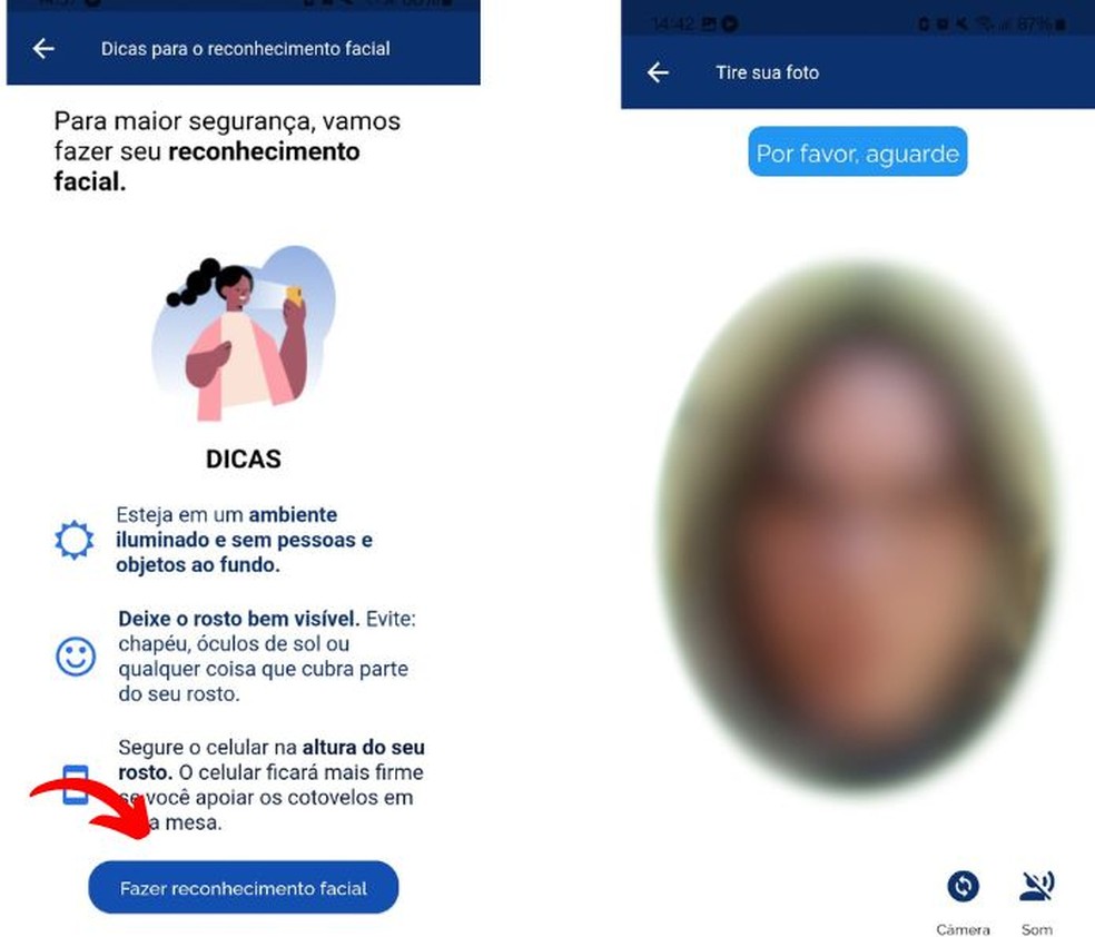Recuperação de senha via reconhecimento facial no app gov.br — Foto: Reprodução/Millena Borges