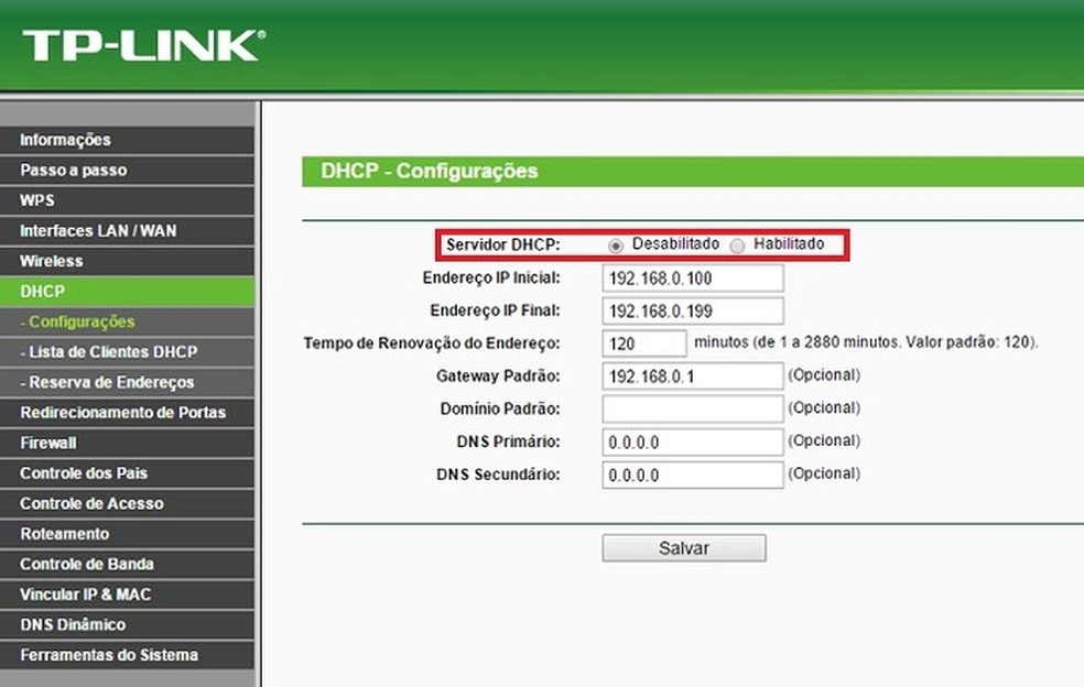 Como configurar roteador TP-Link como repetidor: desabilite o DHCP  — Foto: Reprodução/Gabriel Ribeiro