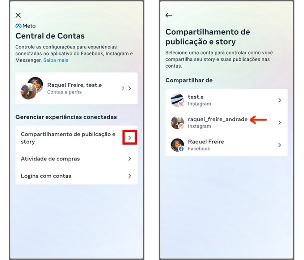 Como vincular Instagram e Facebook? Menu de ajuste de compartilhamento na Central de Contas Meta  — Foto: Reprodução/Raquel Freire