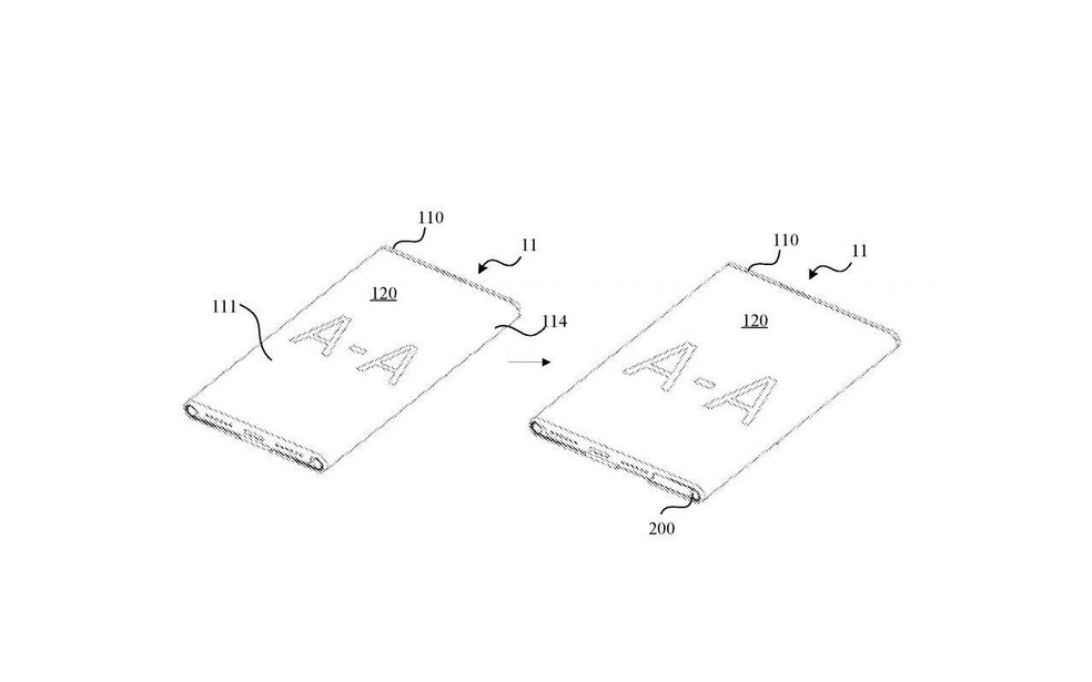 Tela enrolável ficaria oculta e poderia ser estendida nas laterais, aumentando o tamanho e mudando o aspecto do display — Foto: Reprodução/USPTO