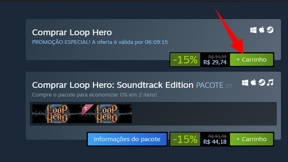 No Steam, adicione o Loop Hero ao seu carrinho de compras — Foto: Reprodução/Tais Carvalho