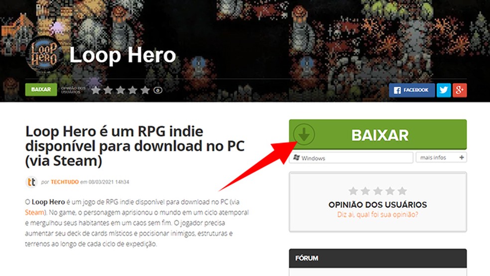 Entre na página do TechTudo para fazer o download do Loop Hero — Foto: Reprodução/Tais Carvalho