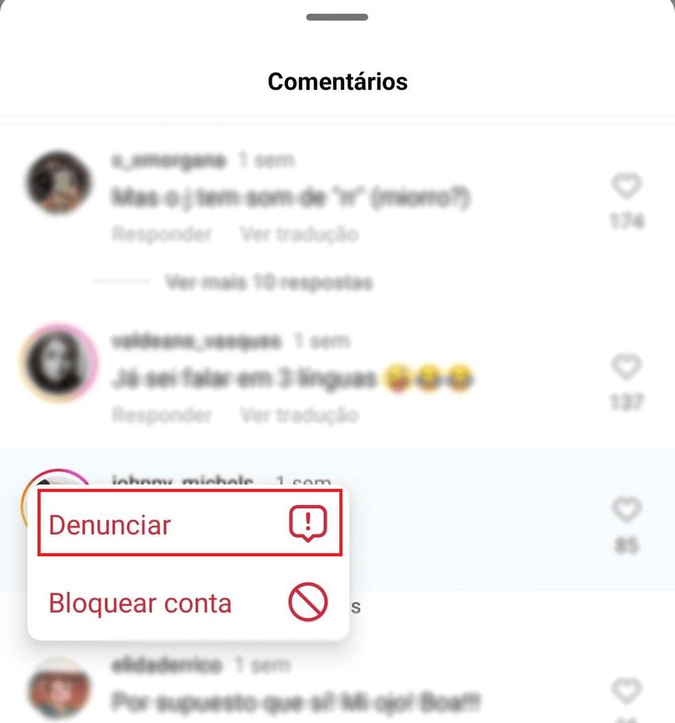 Selecione o comentário que deseja denunciar no Instagram — Foto: Reprodução/Bruno Guerra