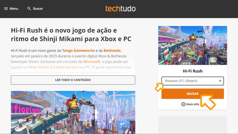 Na página de Hi-Fi Rush no TechTudo selecione a versão Windows (PC (Steam)) do game e clique em "Baixar" — Foto: Reprodução/Rafael Monteiro