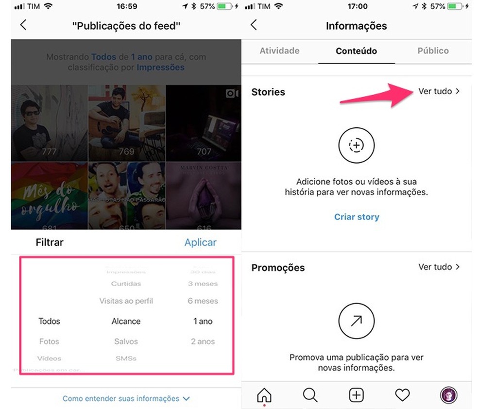 Ações para filtrar resultados nas métricas de conteúdos e o caminho para ver detalhes em desempenho de stories — Foto: Reprodução/Marvin Costa