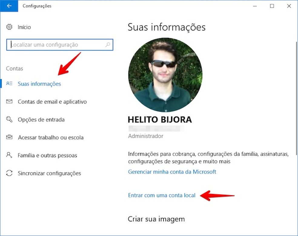 Desconectando a conta Microsoft atual — Foto: Reprodução/Helito Bijora