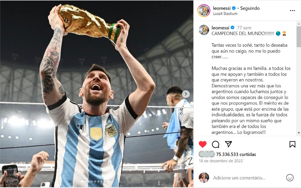 A foto mais curtida do Instagram é a comemoração de Lionel Messi após a vitória argentina na Copa do Mundo de 2022  — Foto: Reprodução/Instagram/leomessi