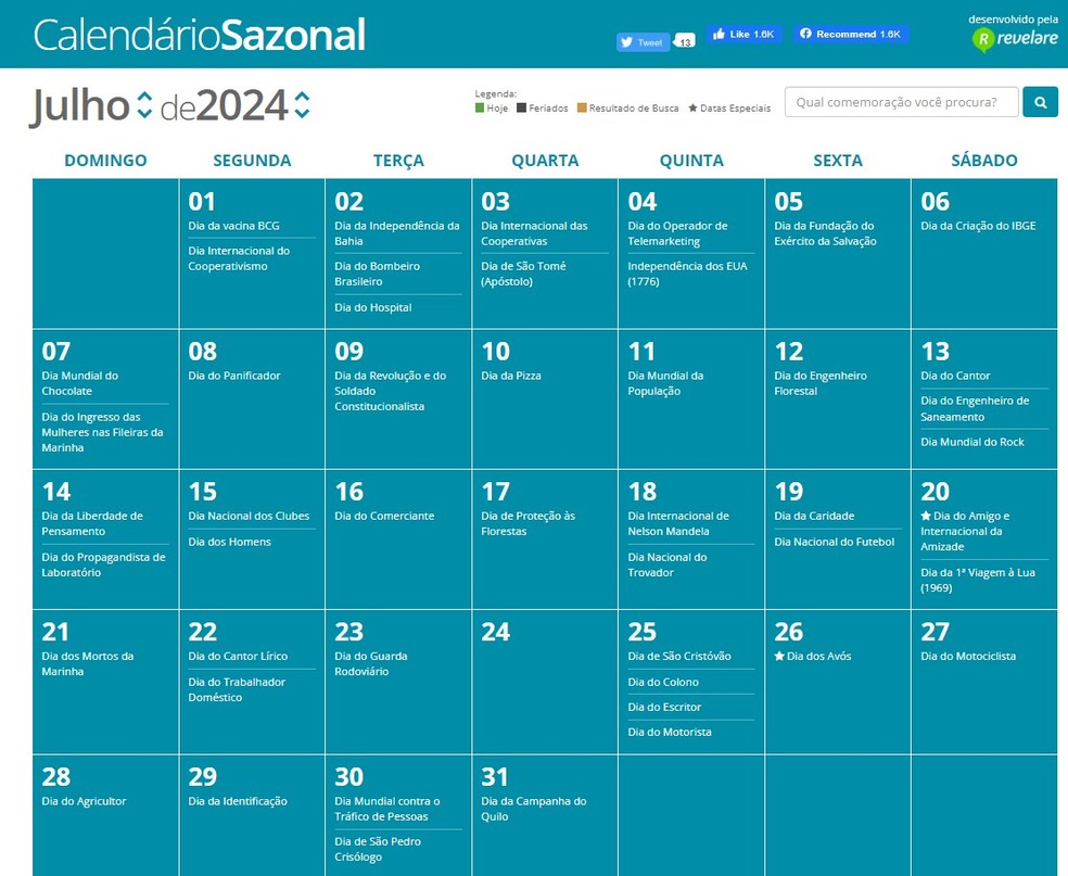 Veja as datas comemorativas de julho de 2024 no site Calendário Sazonal — Foto: Reprodução/Thaisi Carvalho