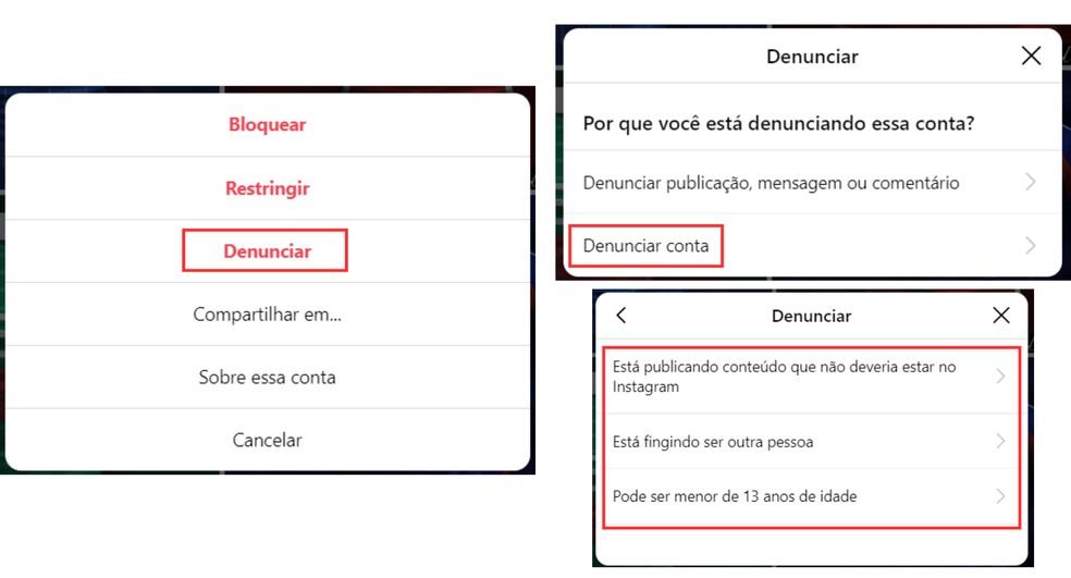 Etapas para denunciar uma conta no Instagram pelo computador — Foto: Reprodução/Bruno Guerra