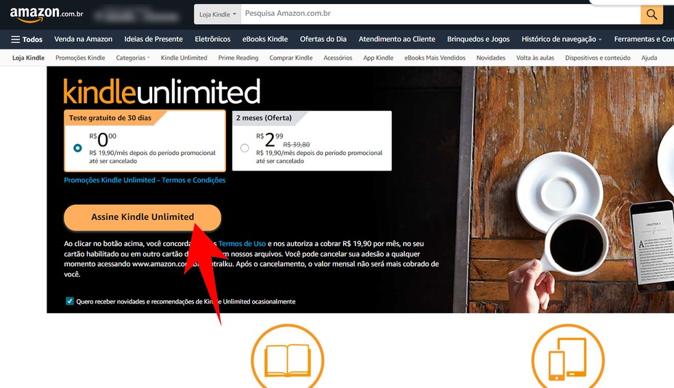 Botão "Assine Kindle Unlimited" em destaque no site da Amazon — Foto: Reprodução/Rodrigo Fernandes