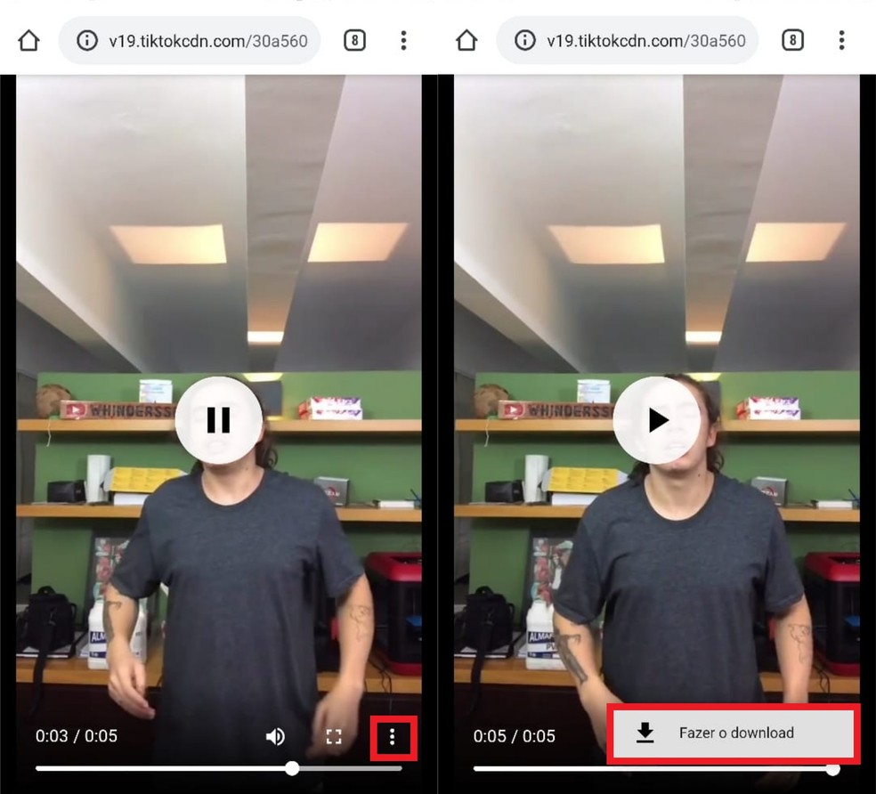 Toque sobre as opções e conclua o download do vídeo do TikTok — Foto: Reprodução/Clara Fabro