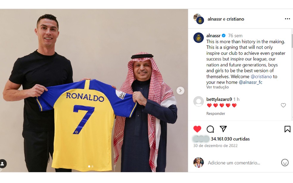 Cristiano Ronaldo entra para o time Al-Nassr e a postagem recebe pouco mais de 34 milhões de curtidas no Instagram — Foto: Reprodução/Instagram/cristiano