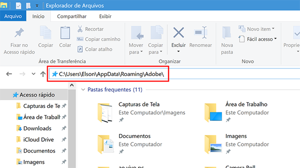 Cole endereço no Windows Explorer para abrir pasta de salvamento do Photoshop — Foto: Reprodução/Elson de Souza