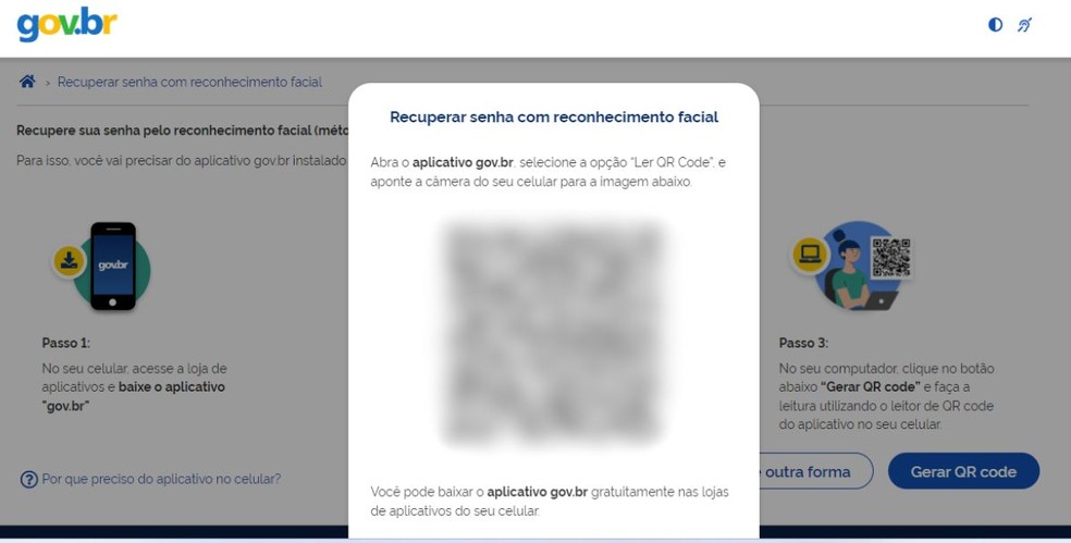 QR code gerado pelo site para recuperação de senha do gov.br — Foto: Reprodução/Millena Borges