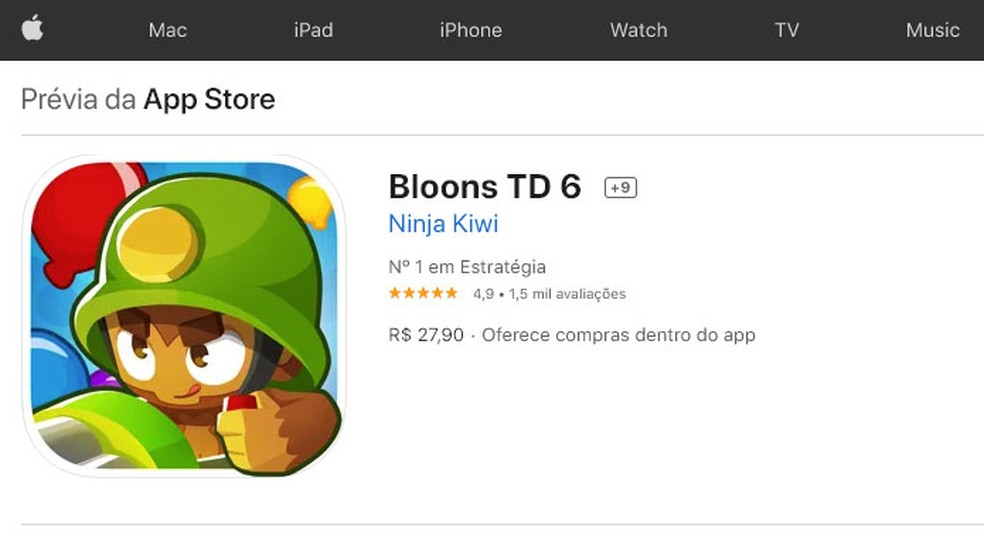 Clique no botão comprar para poder fazer download de Bloons TD 6 para seu iPhone ou iPad. O botão apenas aparecerá nos dispositivos mobile — Foto: Reprodução/Rafael Monteiro