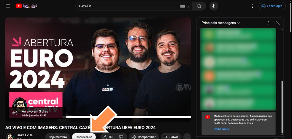 Transmissão da Eurocopa 2024 na CazéTV: faça login no YouTube para enviar mensagens no chat — Foto: Reprodução/Róbson Martins
