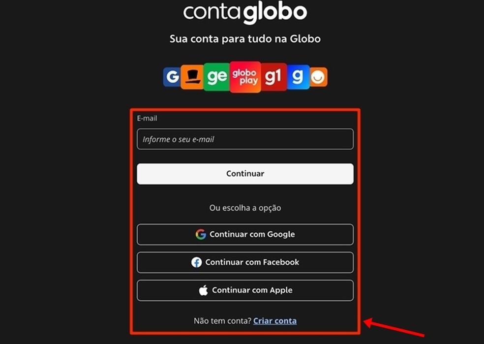 Fazer login é possível usando os dados cadastrados na sua Conta Globo ou vinculando informações de outras contas pessoais externas — Foto: Reprodução/Gabriela Andrade