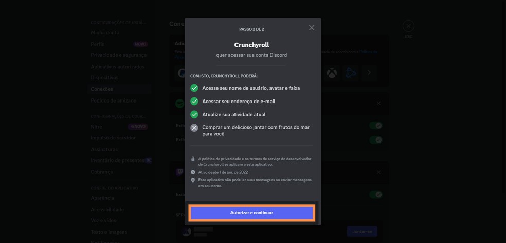 Autorize a Crunchyroll a acessar suas informações no Discord — Foto: Reprodução/Róbson Martins