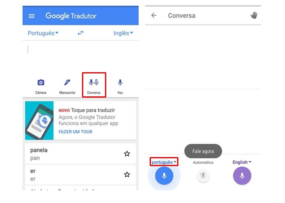Clique no item "Conversa" do Google Tradutor — Foto: Reprodução/Taysa Coelho