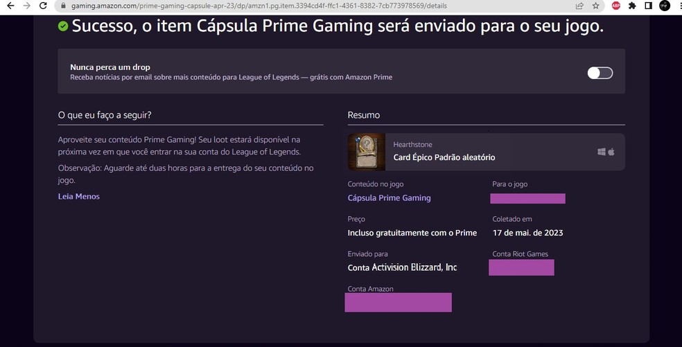 Espere até duas horas para ver se o item resgatado no Amazon Prime Gaming chegou na sua conta do jogo. — Foto: Reprodução/Letícia Rosa