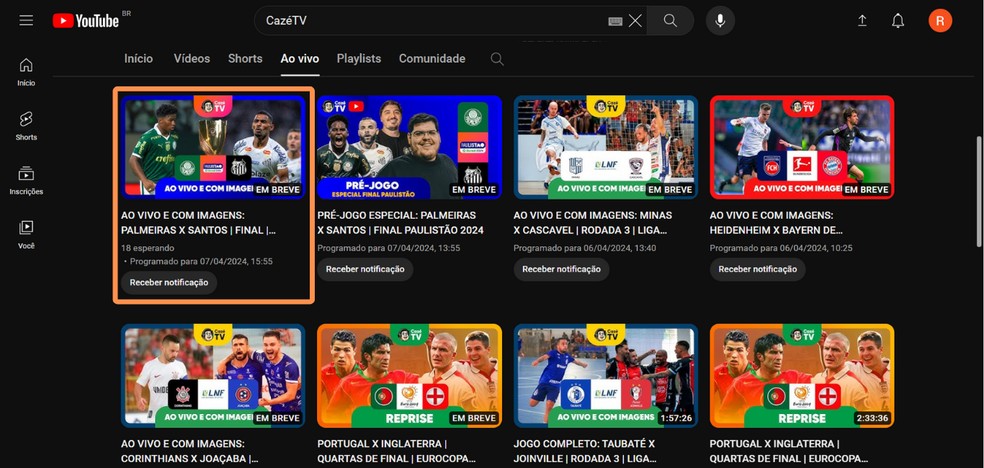 'Palmeiras x Santos: como assistir na CazéTV?' Na aba 'Ao vivo', clique na transmissão online da partida — Foto: Reprodução/Róbson Martins
