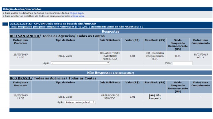 Sistema só permite bloquear valores em conta se houver saldo no ato do cumprimento