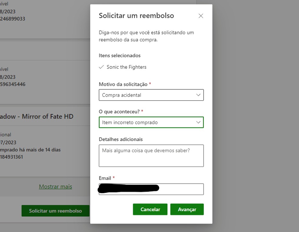 Preencha o formulário do reembolso no Xbox — Foto: Reprodução/Felipe Vinha