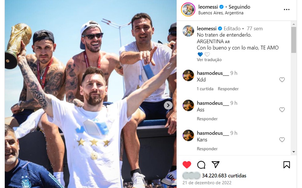Em sexto lugar, Messi posta uma comemoração com a seleção argentina e acumula 34 milhões de curtidas — Foto: Reprodução/Instagram/leomessi