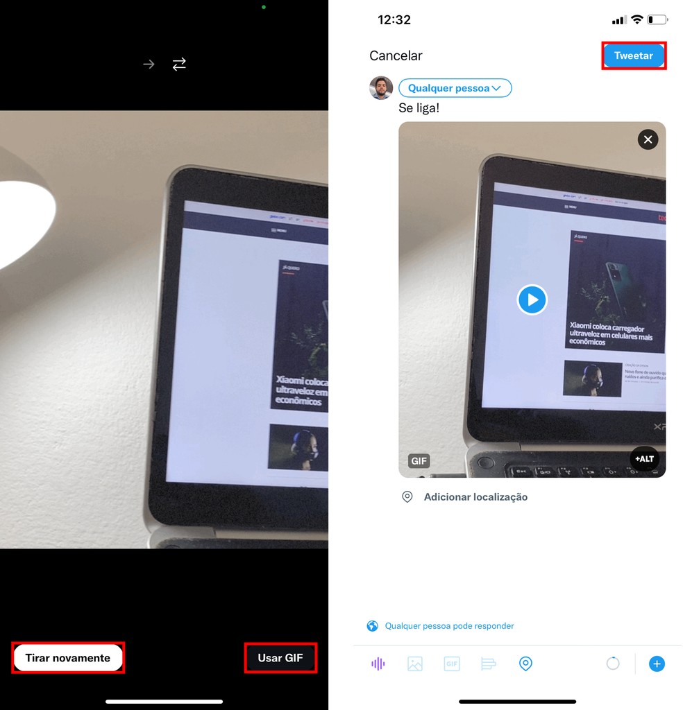 Veja como publicar um tuíte com GIF capturado com a câmera do iPhone — Foto: Reprodução/Rodrigo Fernandes