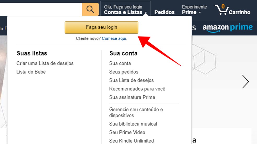 Faça login na Amazon — Foto: Reprodução/Paulo Alves