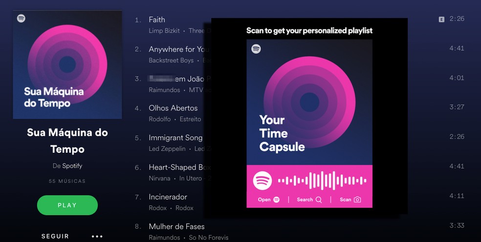 É possível ler o código da imagem com a câmera do celular para acessar a Sua Máquina do Tempo no Spotify — Foto: Reprodução/Felipe Vinha