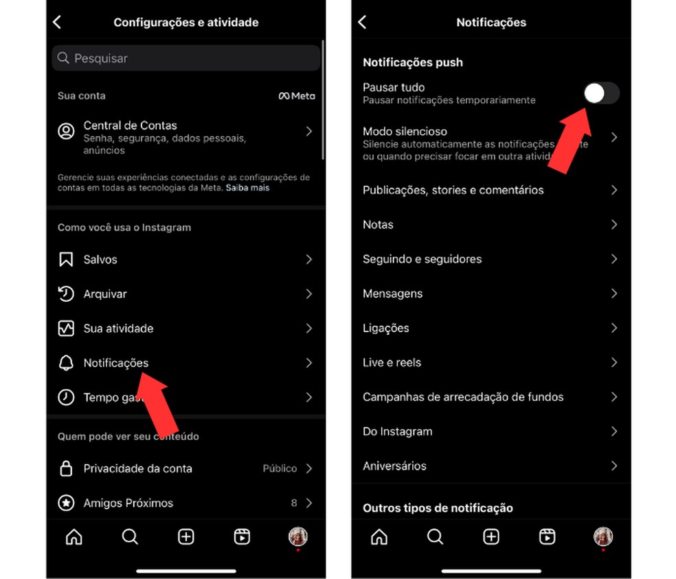 Desativando as notificações do Instagram através do app disponível para Android e iPhone (iOS) — Foto: Reprodução/Mariana Tralback