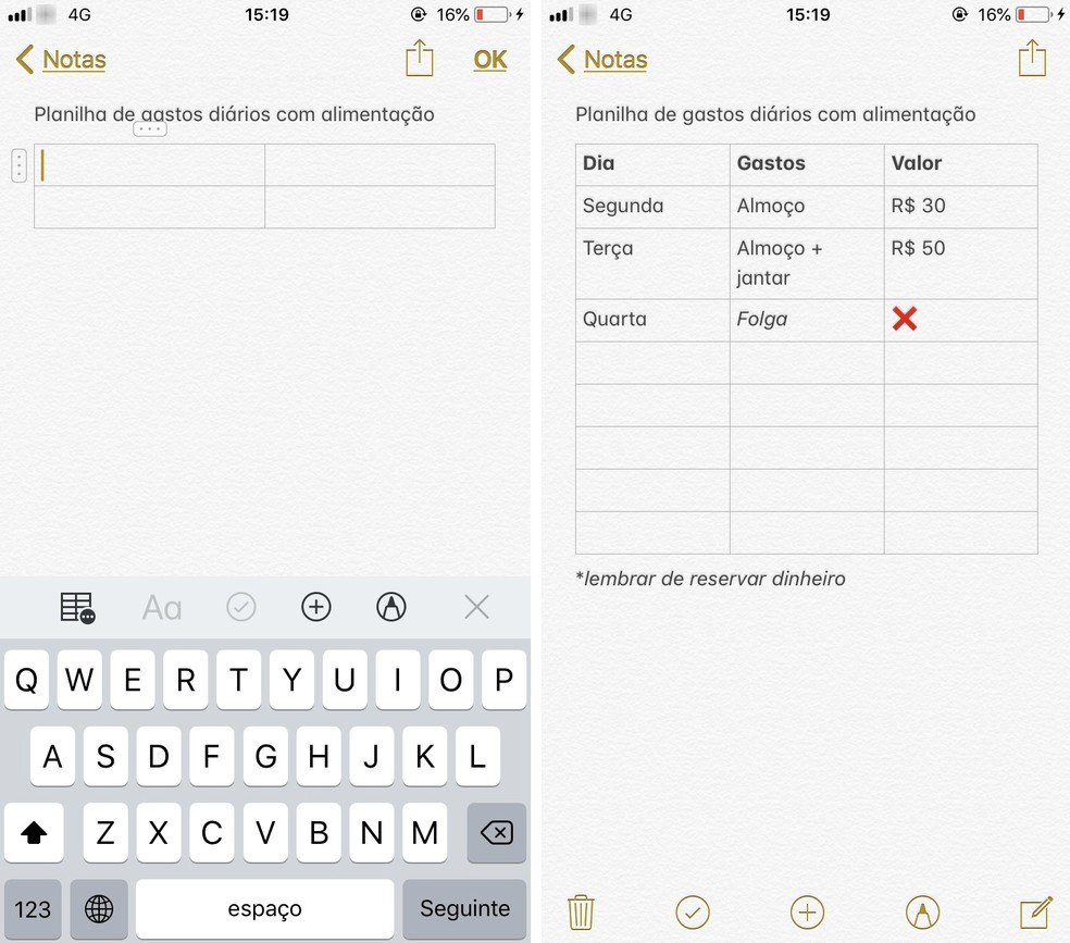 Inserindo tabela em uma nota criada com iPhone — Foto: Reprodução/Rodrigo Fernandes