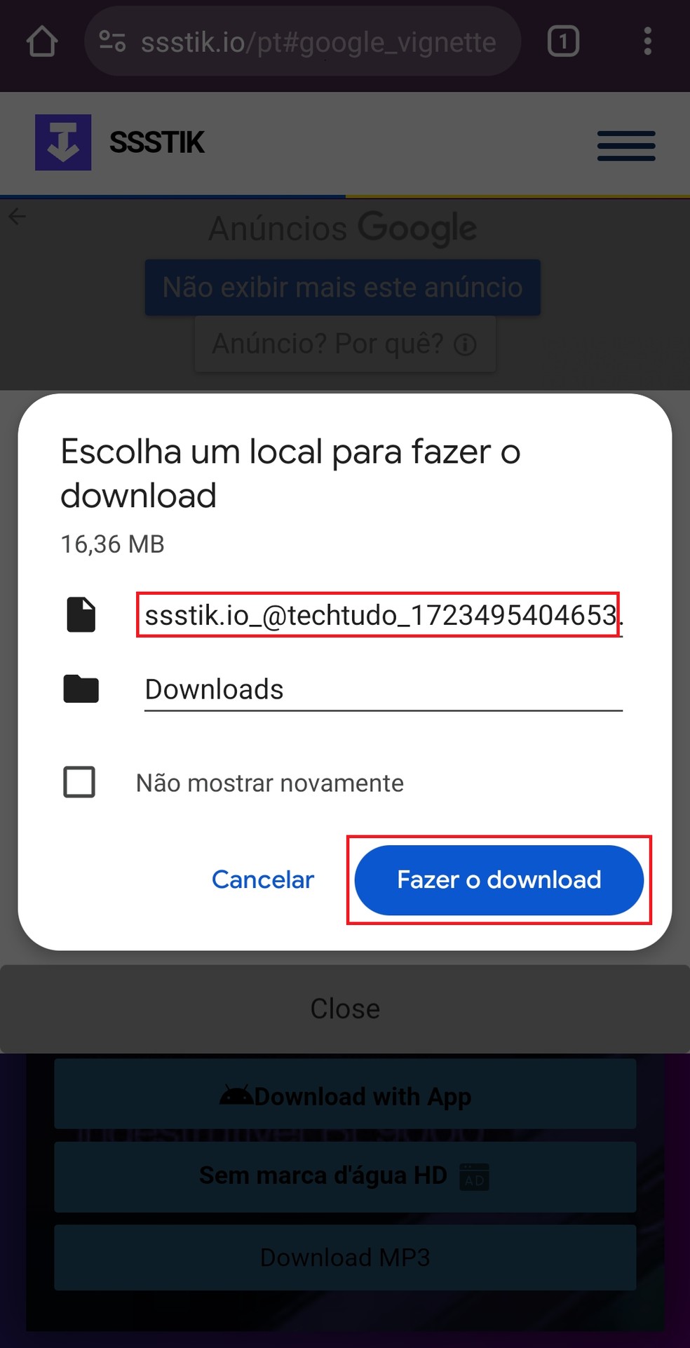 Toque em "Fazer o download" para baixar o vídeo do TikTok no seu celular sem marca d'água — Foto: Reprodução/Bruno Guerra