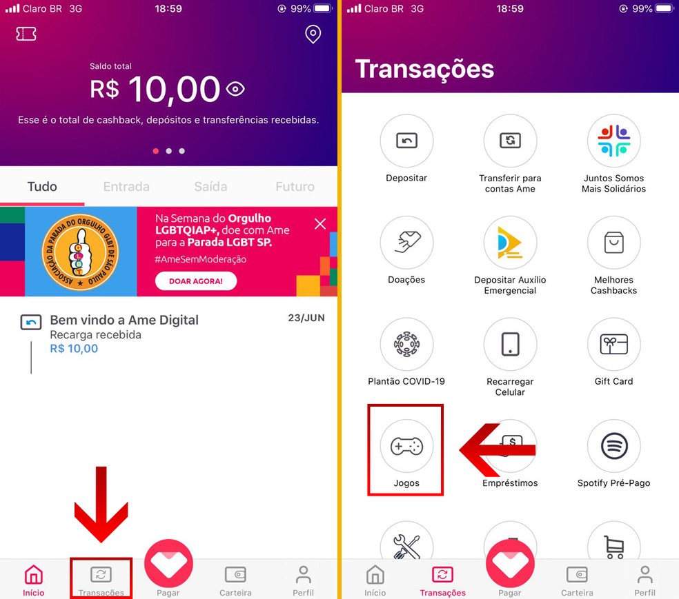 No app Ame Digital, clique em "Transações" e, em seguida, em "Jogos" — Foto: Reprodução/Leandro Eduardo