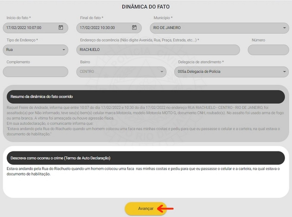Formulário sobre dinâmica do crime para fazer BO pela delegacia online do RJ — Foto: Reprodução/Raquel Freire