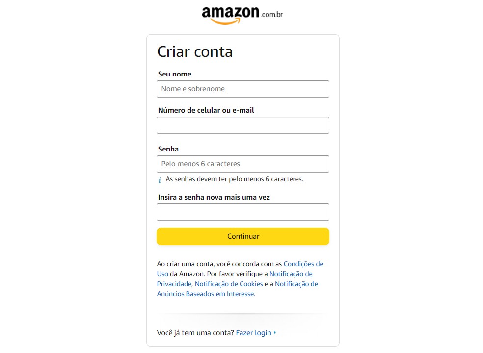 Formulário de cadastro na conta Amazon — Foto: Reprodução/Rodrigo Fernandes