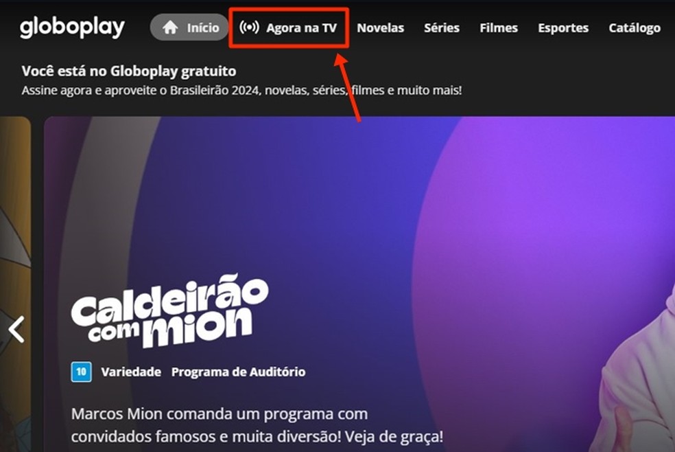 Torcedor precisa abrir o Globoplay e acessar a aba "Agora na TV" que possibilita visualizar a transmissão da partida de hoje ao vivo e online — Foto: Reprodução/Gabriela Andrade