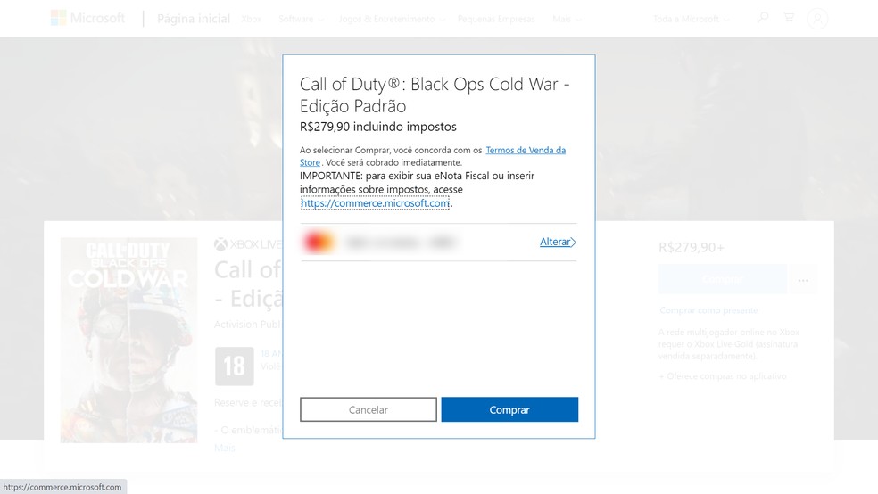 Escolha sua opção de pagamento favorita para o Call of Duty: Black Ops Cold War no Xbox — Foto: Reprodução/Murilo Molina