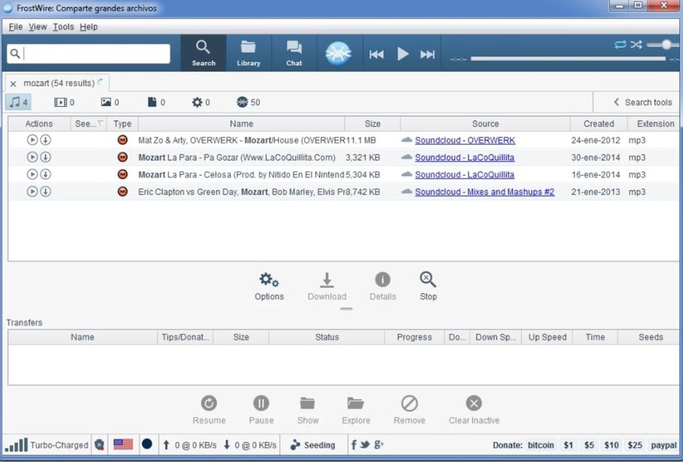 O FrostWire facilita o download de mídias de diversos formatos — Foto: Divulgação/FrostWire