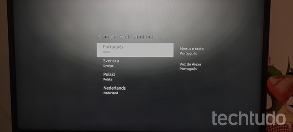 Selecione o idioma da interface do Fire Stick TV para seguir — Foto: Fernando Sousa/TechTudo