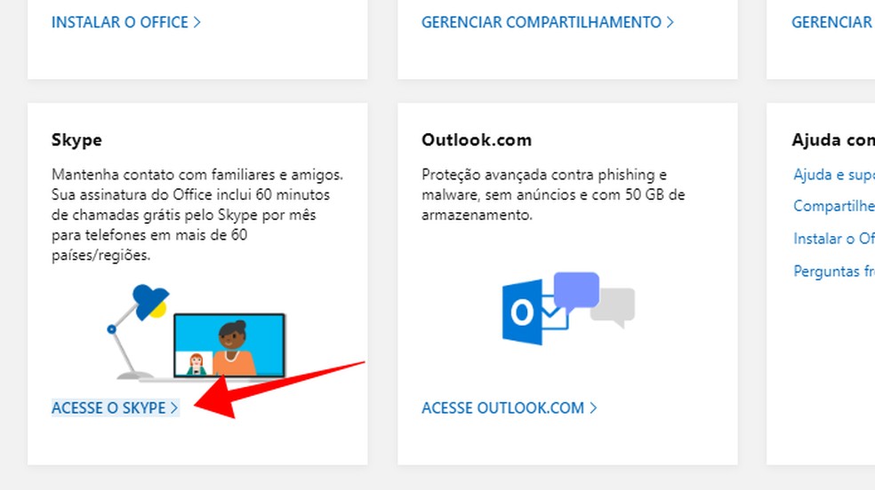 Acesse o menu do Skype no painel do Office — Foto: Reprodução/Paulo Alves