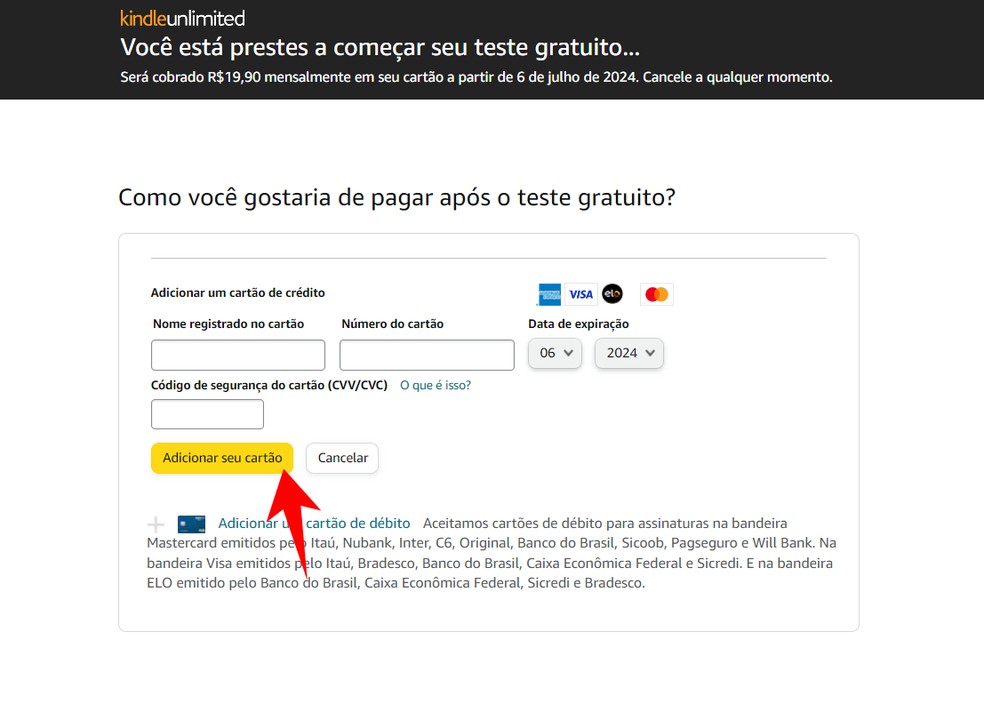 Botão "Adicionar seu cartão" em destaque na página de pagamento do Kindle Unlimited  — Foto: Reprodução/Rodrigo Fernandes