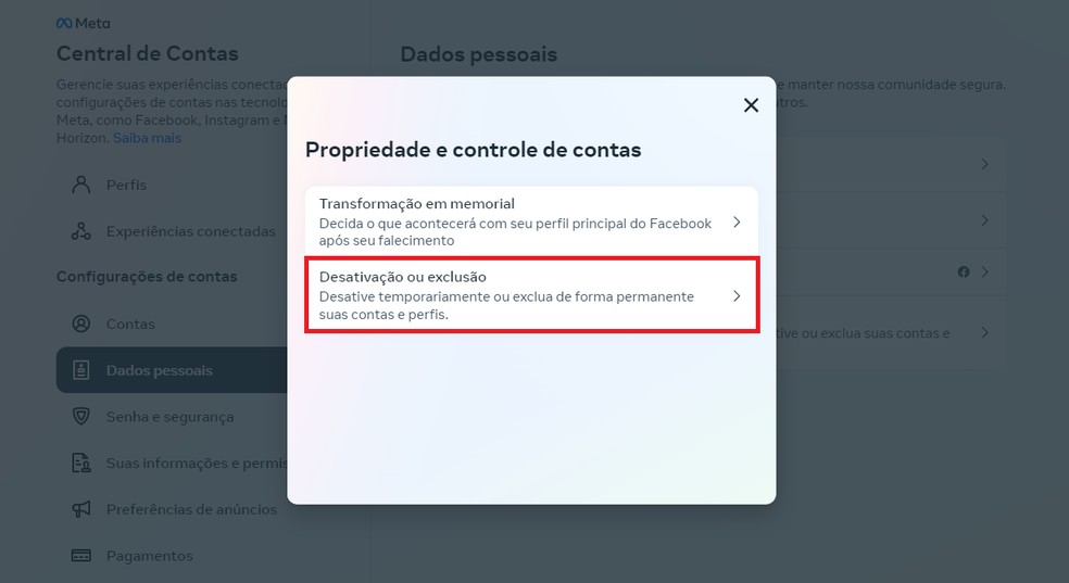 Selecione a opção "Desativação ou exclusão" para continuar no Instagram — Foto: Reprodução/Clara Fabro