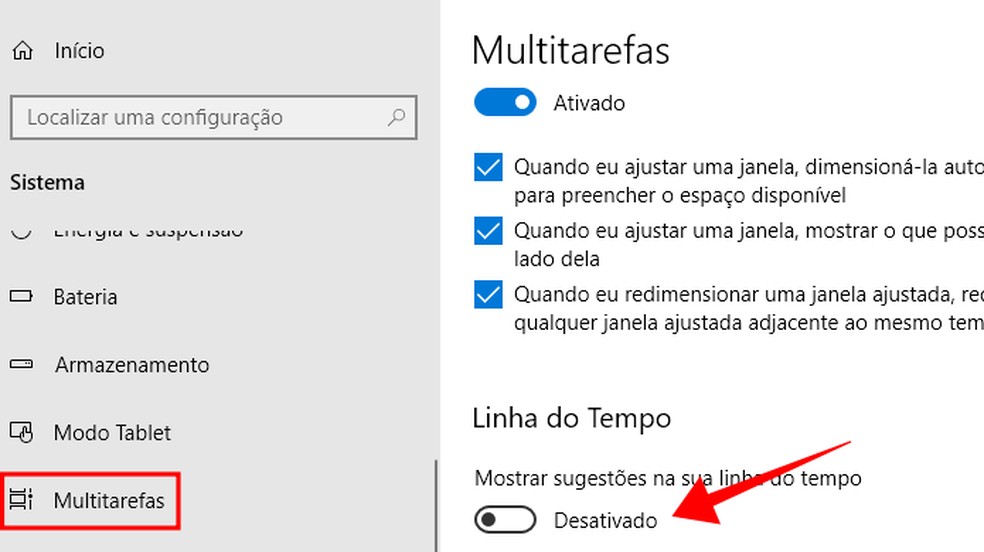 Desative o recurso Linha do Tempo para não sincronizar dados com outros PCs — Foto: Reprodução/Paulo Alves