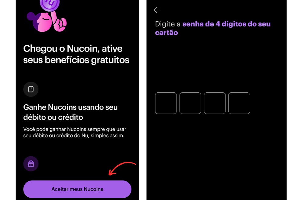 Clique em "aceitar meus Nucoins" — Foto: Reprodução/Nubank