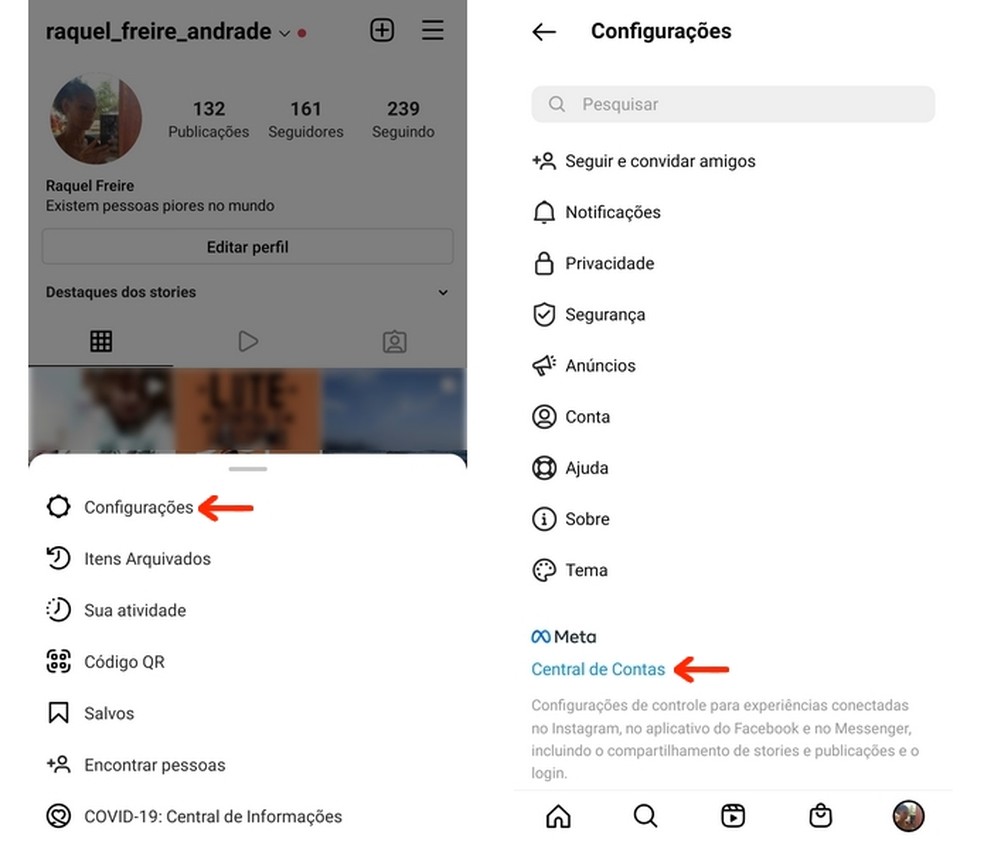 Opção 'Central de Contas Meta' está disponível no menu de configurações do Instagram  — Foto: Reprodução/Raquel Freire